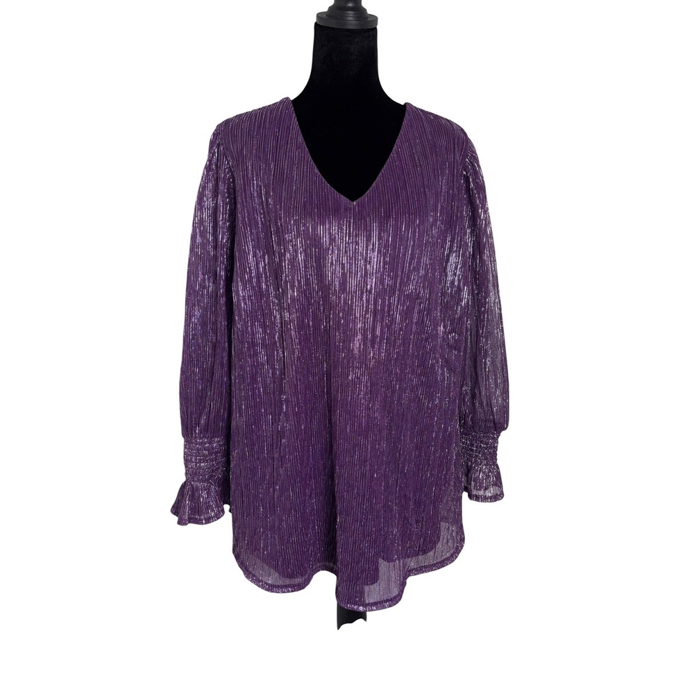 Cato Metallic Plisse Blouse Women 18/20W Purple V-Neck Smocked Cuff Tunic Top